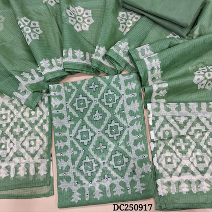 Sage Green kota silk cotton unstitched salwar material (thin, lining needed) batik print allover, sequins, faux mirror work on yoke, matching silky bottom and lining included, batik print kota silk cotton dupatta. DC250917