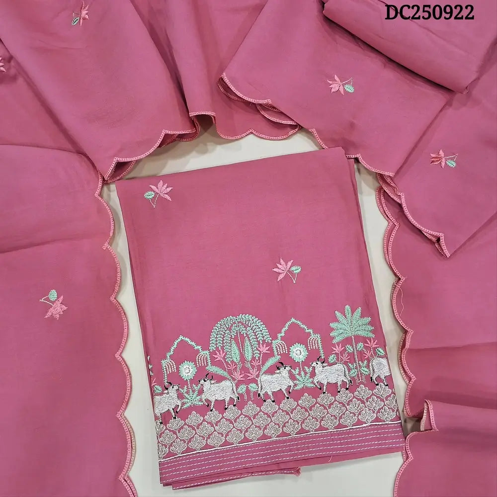Premium Pink soft silk cotton unstitched salwar material (silky, lining needed) pichwai embroidery work on daman, matching silk cotton bottom, embroidery work on soft silk cotton dupatta with scalped borders. DC250922