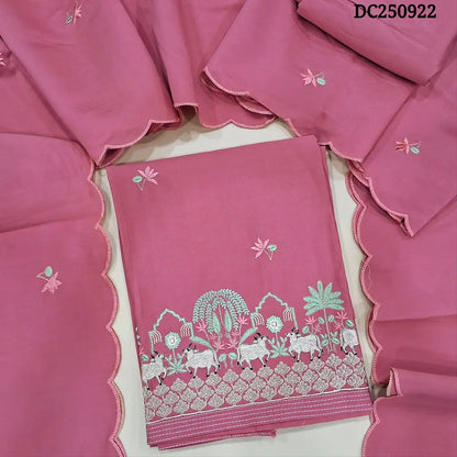 Premium Pink soft silk cotton unstitched salwar material (silky, lining needed) pichwai embroidery work on daman, matching silk cotton bottom, embroidery work on soft silk cotton dupatta with scalped borders. DC250922