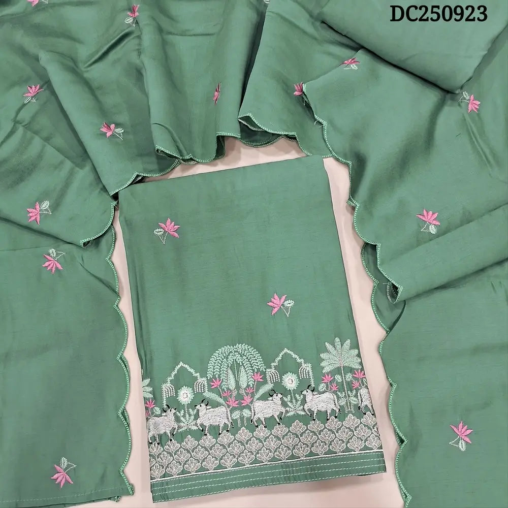 Premium pastel Blue soft silk cotton unstitched salwar material (silky, lining needed) pichwai embroidery work on daman, matching silk cotton bottom, embroidery work on soft silk cotton dupatta with scalped borders. DC250923