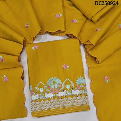 Premium bright mehandhi yellow soft silk cotton unstitched salwar material (silky, lining needed) pichwai embroidery work on daman, matching silk cotton bottom, embroidery work on soft silk cotton dupatta with scalped borders. DC250924