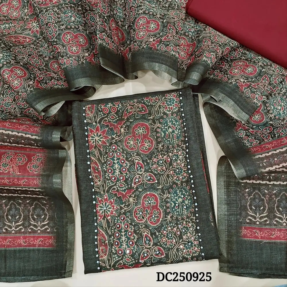 Designer Printed Black & golden tint tissue silk cotton unstitched salwar material (shiny, lining needed) print, sequins, faux mirror work on yoke, printed daman, dark maroon spun cotton bottom, printed tissue silk cotton dupatta. DC250925