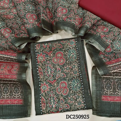 Designer Printed Black & golden tint tissue silk cotton unstitched salwar material (shiny, lining needed) print, sequins, faux mirror work on yoke, printed daman, dark maroon spun cotton bottom, printed tissue silk cotton dupatta. DC250925