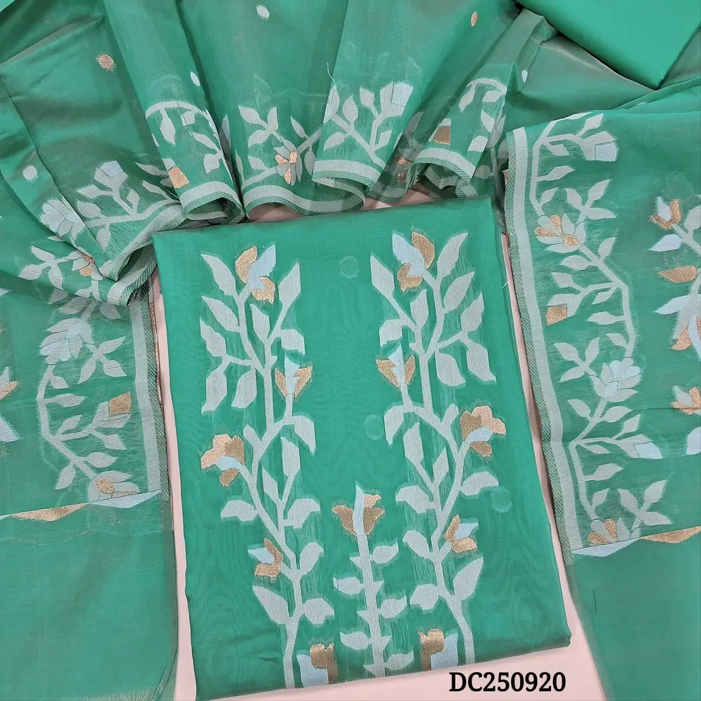 Turquoise Green jamdani woven silk cotton unstitched salwar material (silky, lining needed) jamdani woven  on yoke,  small design on front, matching silk cotton bottom, jamdani woven silk cotton fell length dupatta with tassels. DC250920
