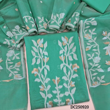 Turquoise Green jamdani woven silk cotton unstitched salwar material (silky, lining needed) jamdani woven  on yoke,  small design on front, matching silk cotton bottom, jamdani woven silk cotton fell length dupatta with tassels. DC250920