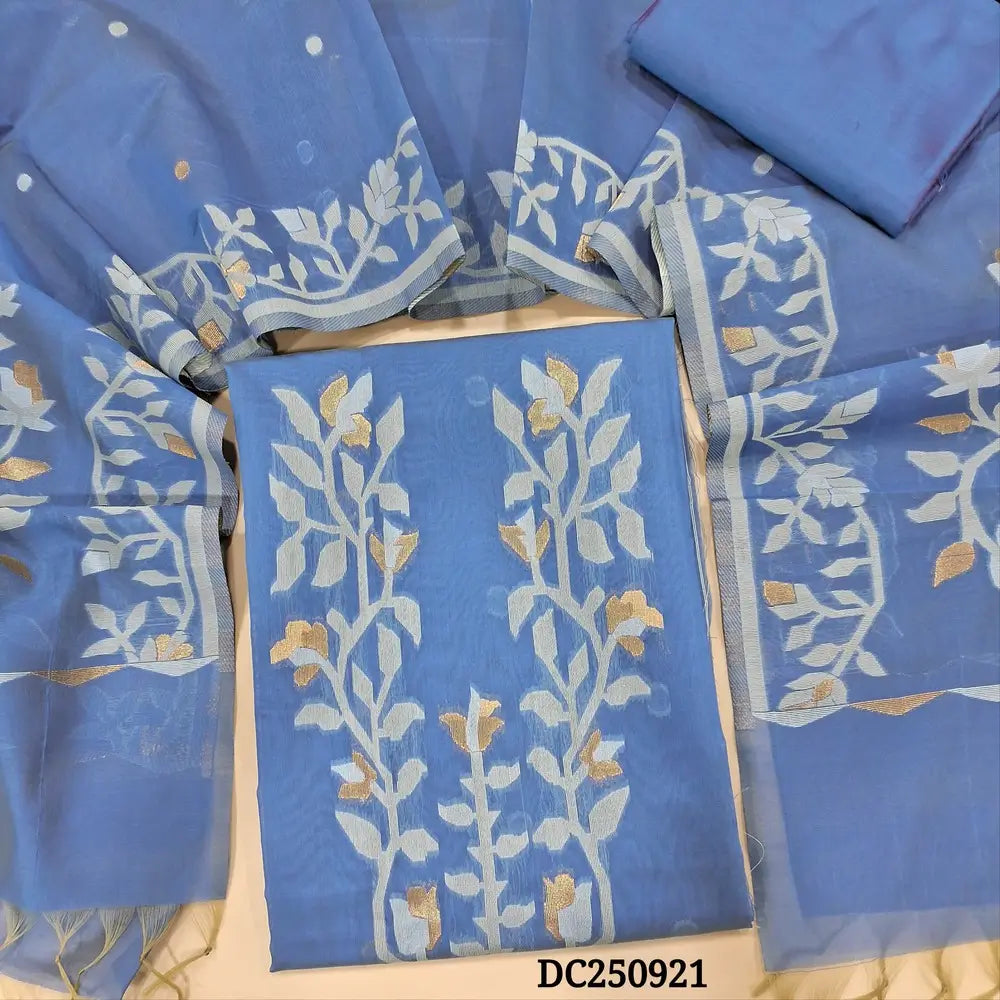 Blue jamdani woven silk cotton unstitched salwar material (silky, lining needed) jamdani woven  on yoke,  small design on front, matching silk cotton bottom, jamdani woven silk cotton fell length dupatta with tassels. DC250921