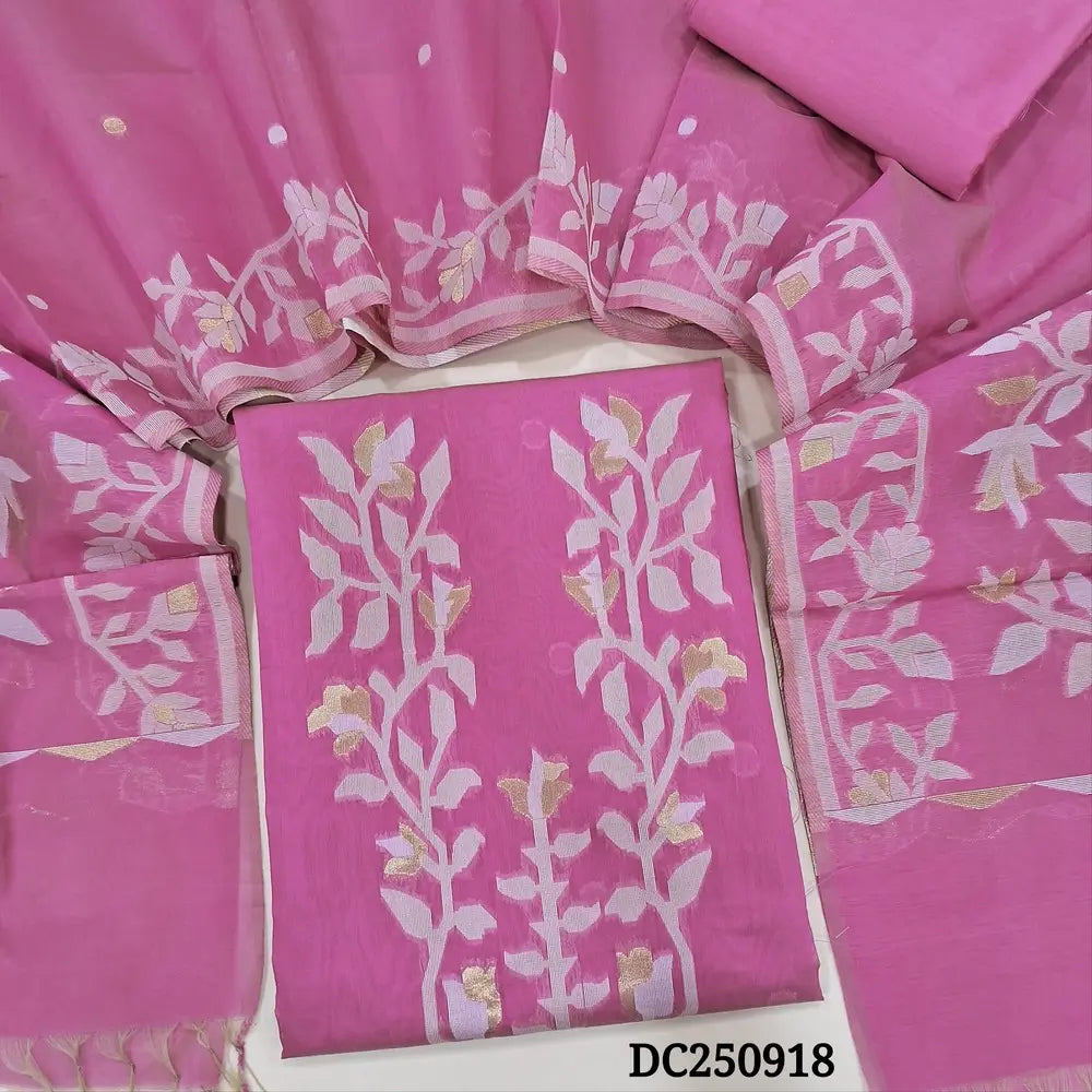 Lotus Pink jamdani woven silk cotton unstitched salwar material (silky, lining needed) jamdani woven  on yoke,  small design on front, matching silk cotton bottom, jamdani woven silk cotton fell length dupatta with tassels. DC250918