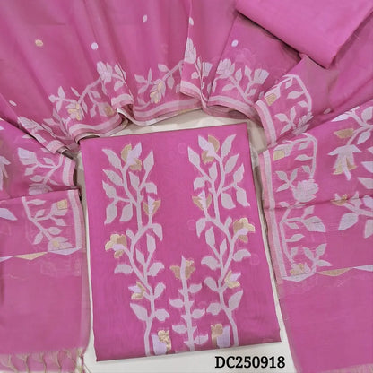 Lotus Pink jamdani woven silk cotton unstitched salwar material (silky, lining needed) jamdani woven  on yoke,  small design on front, matching silk cotton bottom, jamdani woven silk cotton fell length dupatta with tassels. DC250918