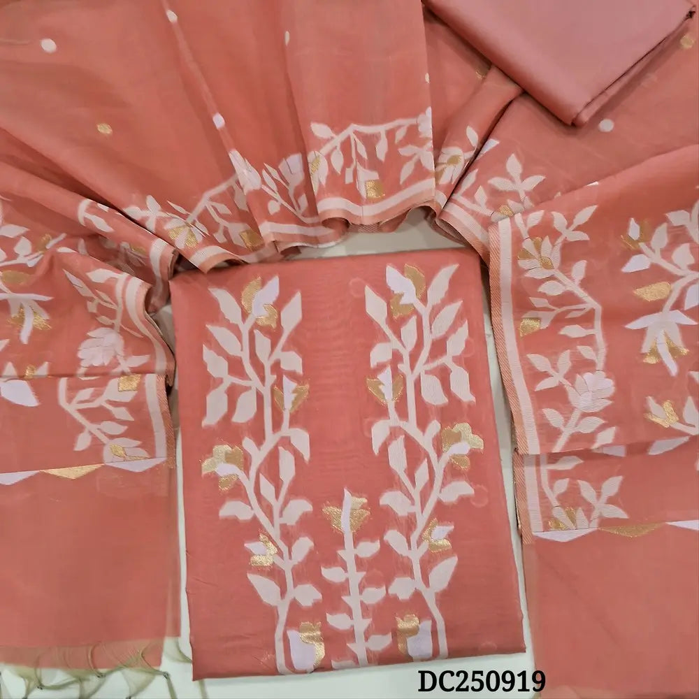 Peachish Pink jamdani woven silk cotton unstitched salwar material (silky, lining needed) jamdani woven  on yoke,  small design on front, matching silk cotton bottom, jamdani woven silk cotton fell length dupatta with tassels. DC250919