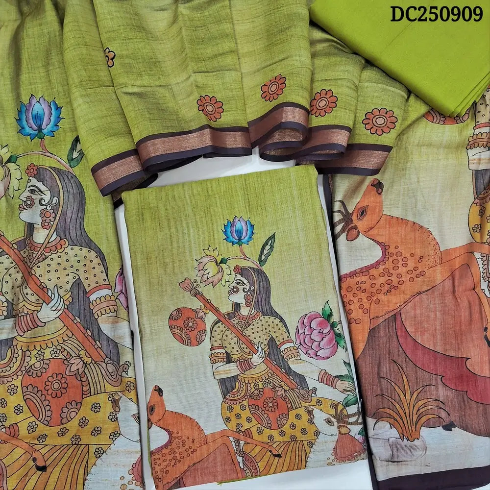 Digital printed light Green premium silk cotton unstitched salwar material (soft, lining needed)  digital print on daman, dark pink spun cotton bottom,  digital printed soft silk cotton full length dupatta. tissue borders. DC250909