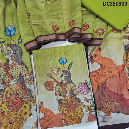 Digital printed light Green premium silk cotton unstitched salwar material (soft, lining needed)  digital print on daman, dark pink spun cotton bottom,  digital printed soft silk cotton full length dupatta. tissue borders. DC250909