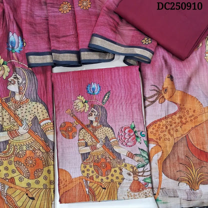 Digital printed dark Pink premium silk cotton unstitched salwar material (soft, lining needed)  digital print on daman, dark pink spun cotton bottom,  digital printed soft silk cotton full length dupatta. tissue borders. DC250910
