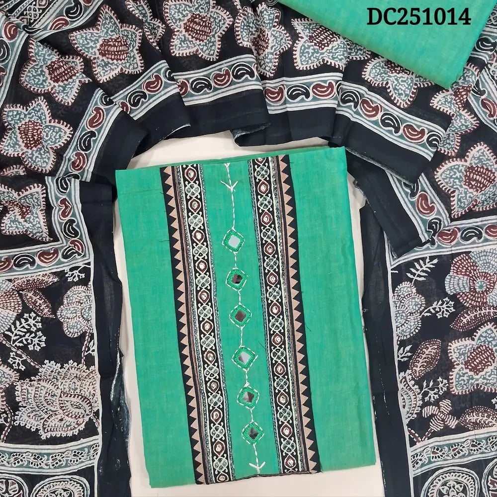 Light Turquoise Green south handloom cotton unstitched salwar material,(lining needed) ajrak print, real mirror work on yoke, matching south handloom cotton bottom, printed pure cotton dupatta. DC251014