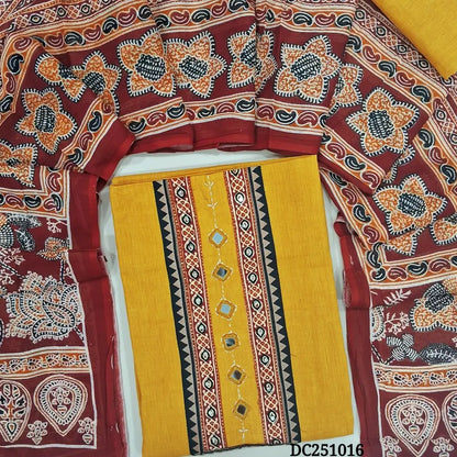 Mehandhi Yellow south handloom cotton unstitched salwar material,(lining needed) ajrak print, real mirror work on yoke, matching south handloom cotton bottom, printed pure cotton dupatta. DC251013