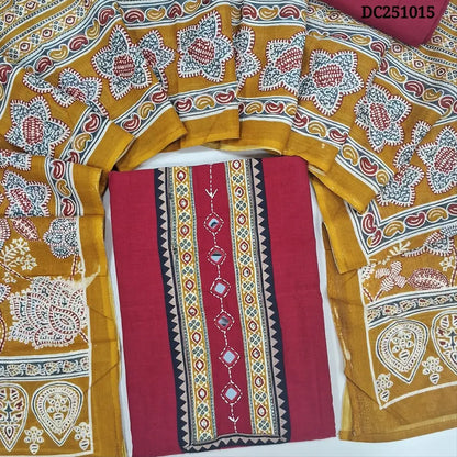 Dark Pink south handloom cotton unstitched salwar material,(lining needed) ajrak print, real mirror work on yoke, matching south handloom cotton bottom, printed pure cotton dupatta. DC251015