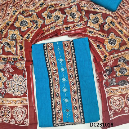 Turquoise Blue south handloom cotton unstitched salwar material,(lining needed) ajrak print, real mirror work on yoke, matching south handloom cotton bottom, printed pure cotton dupatta. DC251016