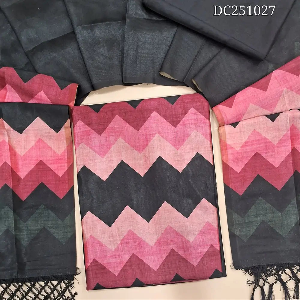 Black fancy semi tussar unstitched salwar material (lining needed) pink zigzag printed daman, or yoke, matching silky bottom, zigzag printed fancy semi tussar full length dupatta with tassels. DC251027