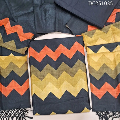 Black fancy semi tussar unstitched salwar material (lining needed) yellow zigzag printed daman, or yoke, matching silky bottom, zigzag printed fancy semi tussar full length dupatta with tassels. DC251025