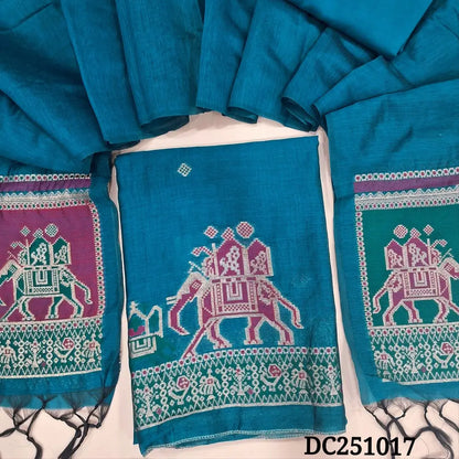 Turquoise Blue premium silk cotton unstitched salwar material,(lining needed) jamdani patola design on daman, matching spun cotton bottom, premium silk cotton dupatta with jamdani patola pallu. DC251017