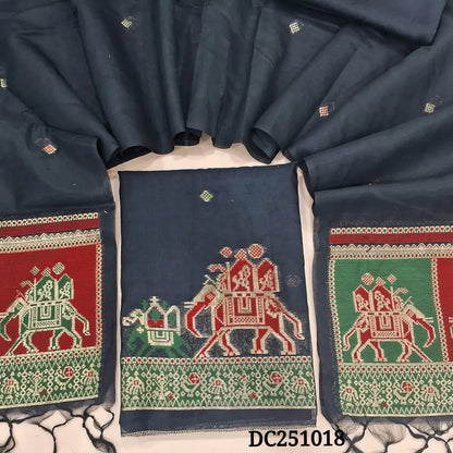 Black premium silk cotton unstitched salwar material,(lining needed) jamdani patola design on daman, matching spun cotton bottom, premium silk cotton dupatta with jamdani patola pallu. DC251018