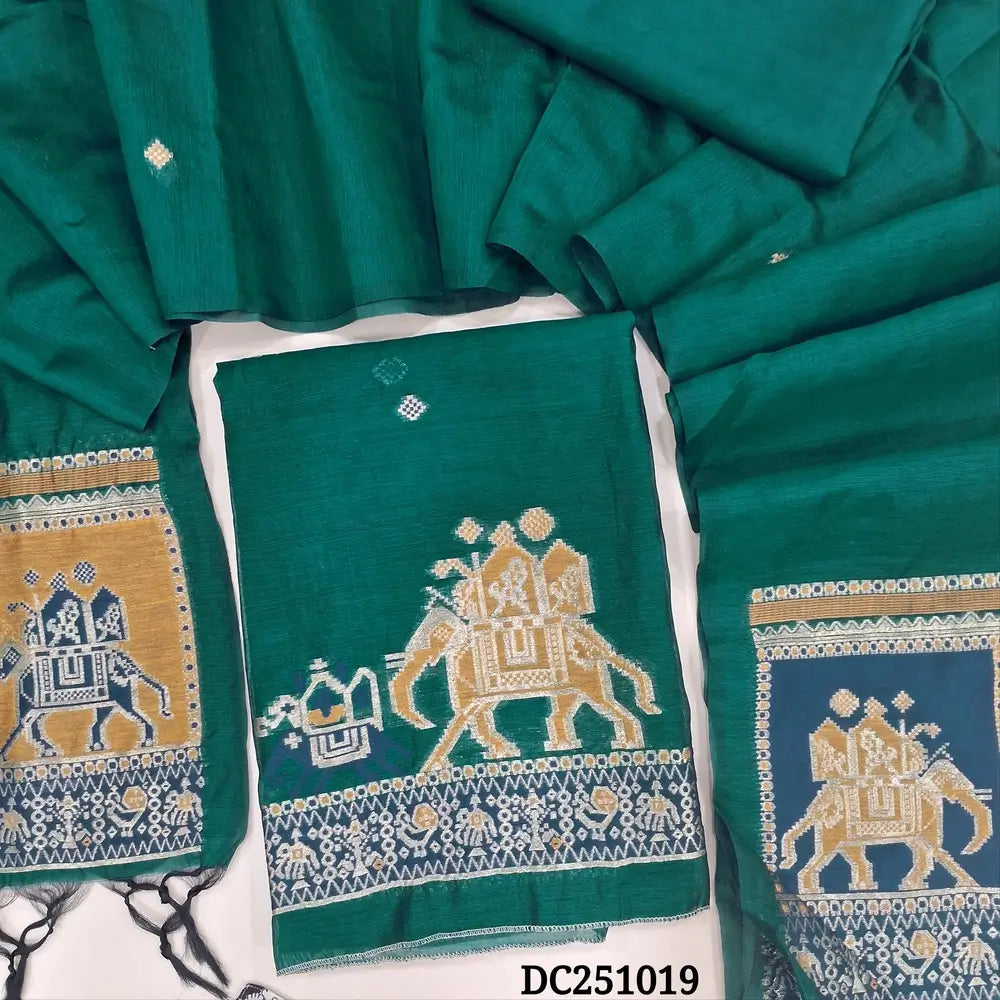 Teal Green premium silk cotton unstitched salwar material,(lining needed) jamdani patola design on daman, matching spun cotton bottom, premium silk cotton dupatta with jamdani patola pallu. DC251019