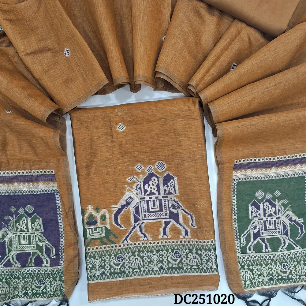 Honey Brown premium silk cotton unstitched salwar material,(lining needed) jamdani patola design on daman, matching spun cotton bottom, premium silk cotton dupatta with jamdani patola pallu. DC251020