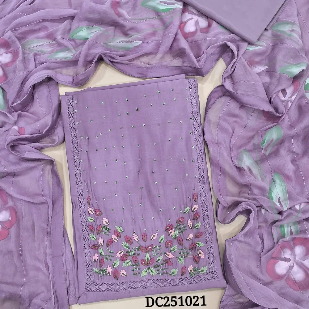 Purple fancy soft silk cotton unstitched salwar material, hand embroidered& crochet lace work on yoke(lining needed) matching silky bottom, brush painted fancy chiffon dupatta with sequins work& tapings. DC251021