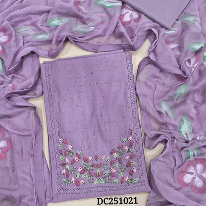 Purple fancy soft silk cotton unstitched salwar material, hand embroidered& crochet lace work on yoke(lining needed) matching silky bottom, brush painted fancy chiffon dupatta with sequins work& tapings. DC251021