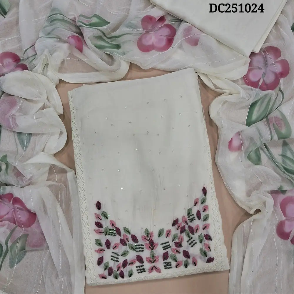 Half White fancy soft silk cotton unstitched salwar material, hand embroidered& crochet lace work on yoke(lining needed) matching silky bottom, brush painted fancy chiffon dupatta with sequins work& tapings. DC251024