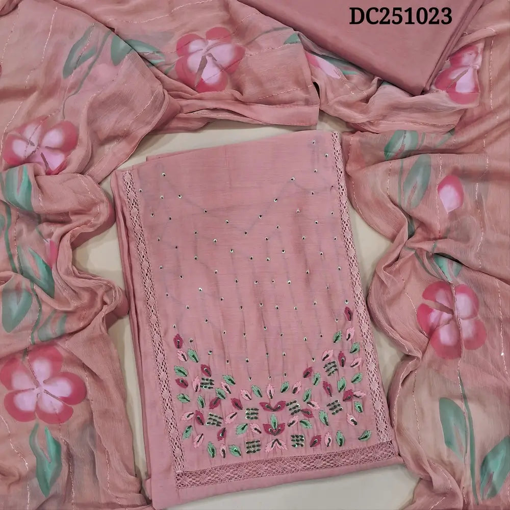Pastel Pink fancy soft silk cotton unstitched salwar material, hand embroidered& crochet lace work on yoke(lining needed) matching silky bottom, brush painted fancy chiffon dupatta with sequins work& tapings. DC251023