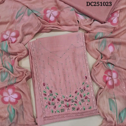 Pastel Pink fancy soft silk cotton unstitched salwar material, hand embroidered& crochet lace work on yoke(lining needed) matching silky bottom, brush painted fancy chiffon dupatta with sequins work& tapings. DC251023