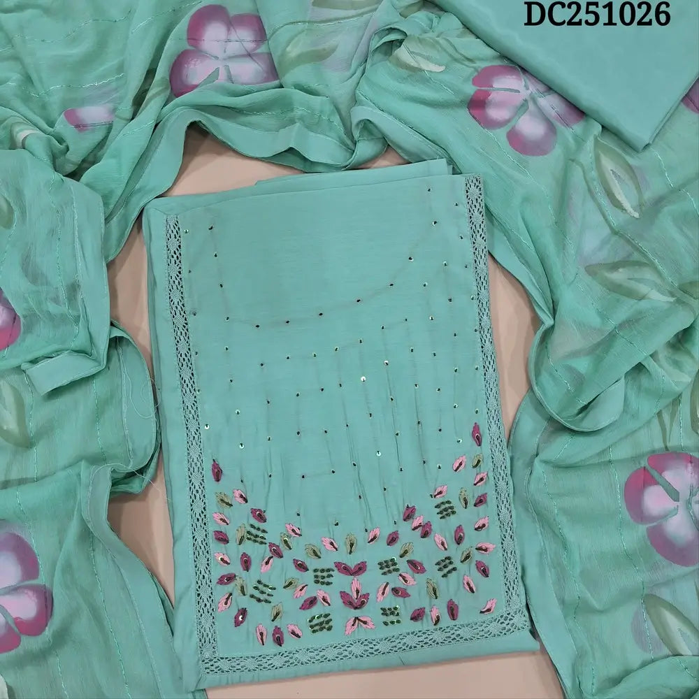 Pastel Blue fancy soft silk cotton unstitched salwar material, hand embroidered& crochet lace work on yoke(lining needed) matching silky bottom, brush painted fancy chiffon dupatta with sequins work& tapings. DC251022