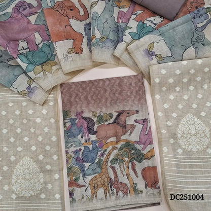 Digital printed onion Pink premium silk cotton unstitched salwar material,(lining needed) animal & bird print on daman, matching santoon bottom, digital printed silk cotton full length dupatta with jamdani woven pallu and tassels. DC251004