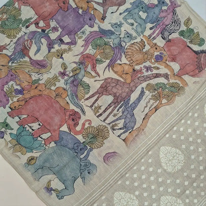 Digital printed pastel Blue premium silk cotton unstitched salwar material,(lining needed) animal & bird print on daman, matching santoon bottom, digital printed silk cotton full length dupatta with jamdani woven pallu and tassels. DC251001