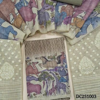 Digital printed olive Green premium silk cotton unstitched salwar material,(lining needed) animal & bird print on daman, matching santoon bottom, digital printed silk cotton full length dupatta with jamdani woven pallu and tassels. DC251003