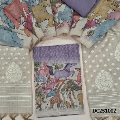 Digital printed Lavender premium silk cotton unstitched salwar material,(lining needed) animal & bird print on daman, matching santoon bottom, digital printed silk cotton full length dupatta with jamdani woven pallu and tassels. DC251002