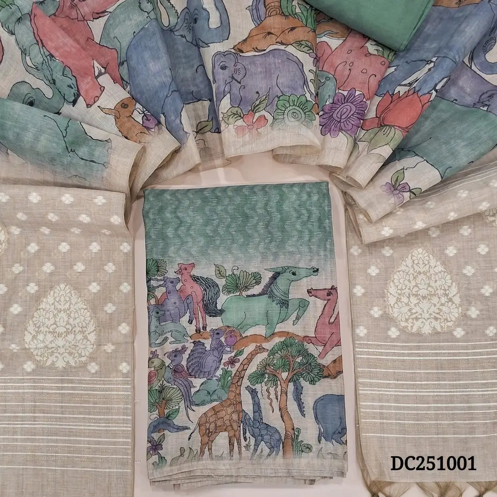 Digital printed pastel Blue premium silk cotton unstitched salwar material,(lining needed) animal & bird print on daman, matching santoon bottom, digital printed silk cotton full length dupatta with jamdani woven pallu and tassels. DC251001