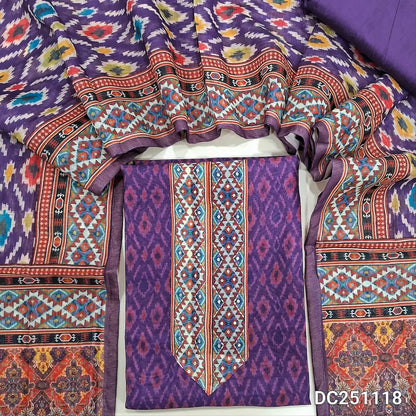 Digital ikat printed Purple silk cotton unstitched salwar material,(lining needed) kantha stitch, sequins work on yoke, matching silk cotton bottom, digital colorful printed silk cotton dupatta. DC251118
