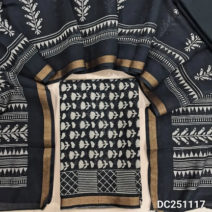 Floral printed Black premium soft silk cotton unstitched salwar material,(lining needed) tissue borders on daman, matching spun cotton bottom, floral printed premium soft silk cotton full length dupatta. DC251117
