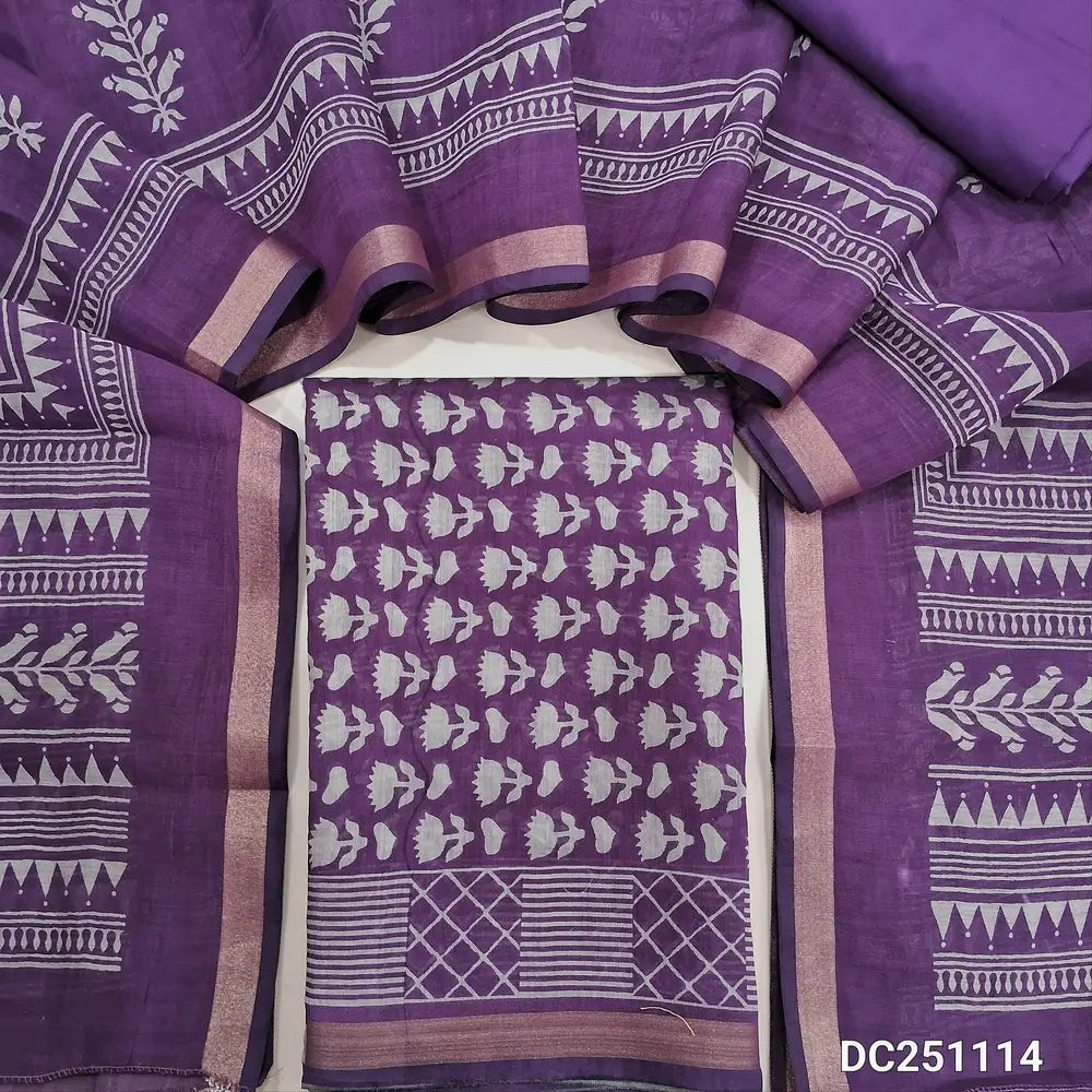 Floral printed Purple premium soft silk cotton unstitched salwar material,(lining needed) tissue borders on daman, matching spun cotton bottom, floral printed premium soft silk cotton full length dupatta. DC251114