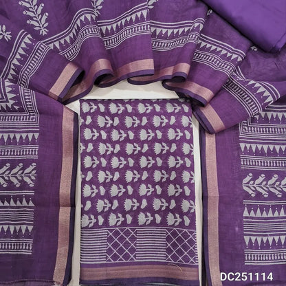 Floral printed Purple premium soft silk cotton unstitched salwar material,(lining needed) tissue borders on daman, matching spun cotton bottom, floral printed premium soft silk cotton full length dupatta. DC251114