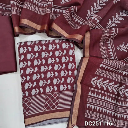 Floral printed Reddish Maroon premium soft silk cotton unstitched salwar material,(lining needed) tissue borders on daman, matching spun cotton bottom, floral printed premium soft silk cotton full length dupatta. DC251116