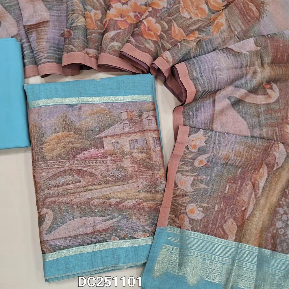 Premium pastel Blue silk cotton unstitched salwar material (lining needed) colorful heavy thread woven daman, matching spun cotton bottom, heavy thread woven design on silk cotton dupatta with tassels. DC251101