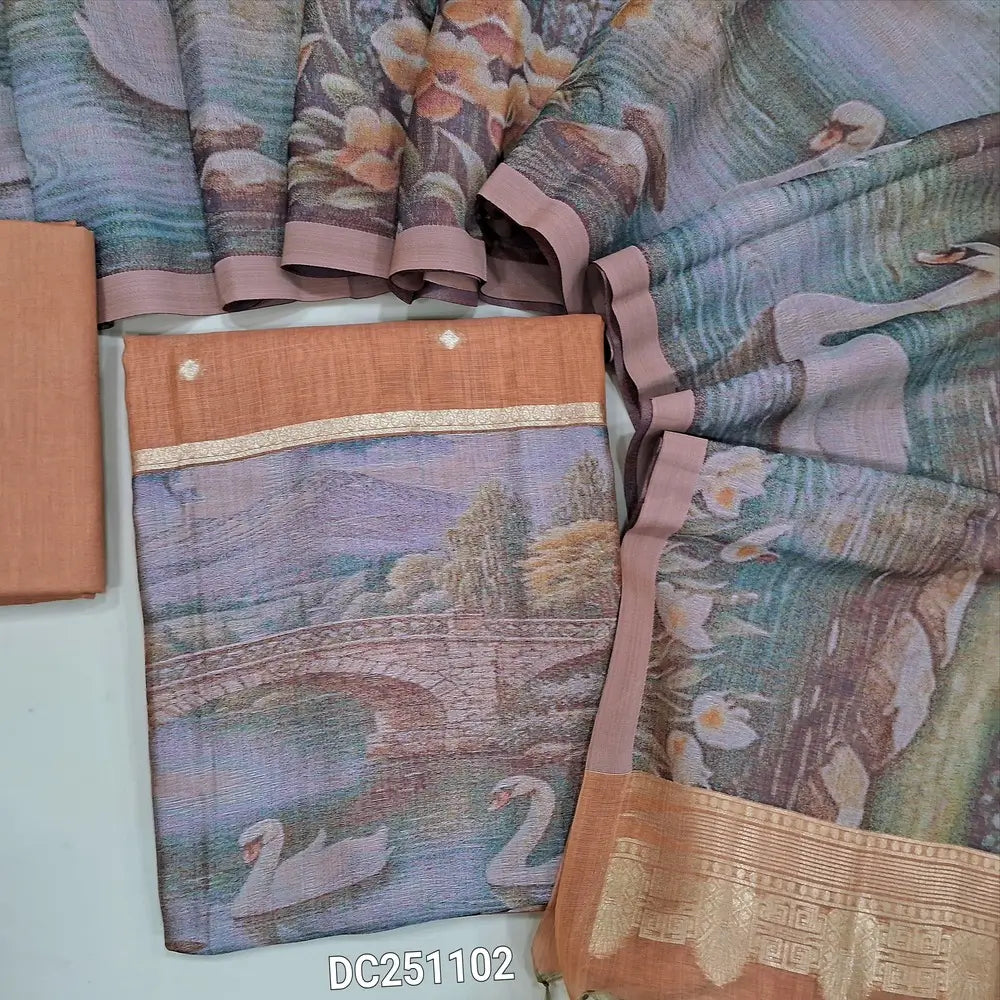 Premium Peach silk cotton unstitched salwar material (lining needed) colorful heavy thread woven daman, matching drum dyed cotton fabric provided for bottom or lining, heavy thread woven design on silk cotton dupatta with tassels. Dc251102