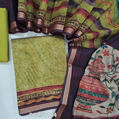 Digital printed mossy Green premium silk cotton unstitched salwar material (lining needed) tissue borders on daman, matching spun cotton bottom,  colorful digital printed silk cotton full length dupatta. DC251104