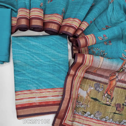Digital printed Blue premium silk cotton unstitched salwar material (lining needed) tissue borders on daman, matching spun cotton bottom,  colorful digital printed silk cotton full length dupatta. DC251105