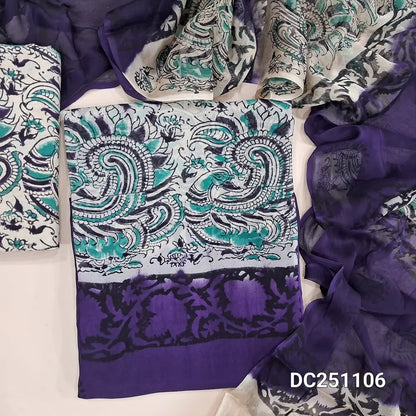 Violet & beige crepe georgette unstitched salwar material (lining optional) hand block printed allover, blocked santoon bottom, hand block printed dual shade chiffon dupatta (TAPING NEEDED). DC251106 (over lapping of prints not consider as a defect