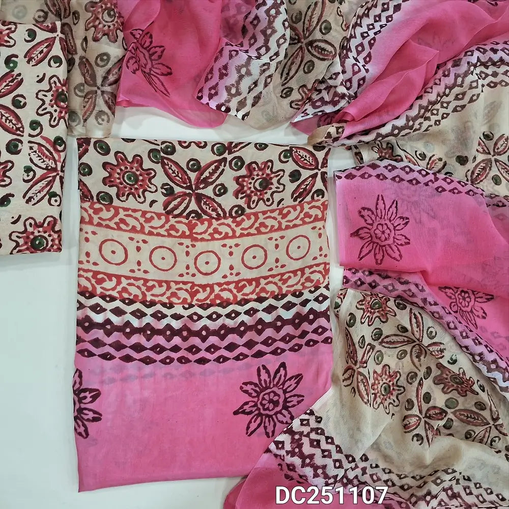Beige & Pink crepe georgette unstitched salwar material (lining optional) hand block printed allover, blocked santoon bottom, hand block printed dual shade chiffon dupatta (TAPING NEEDED). DC251107 (over lapping of prints not consider as a defect