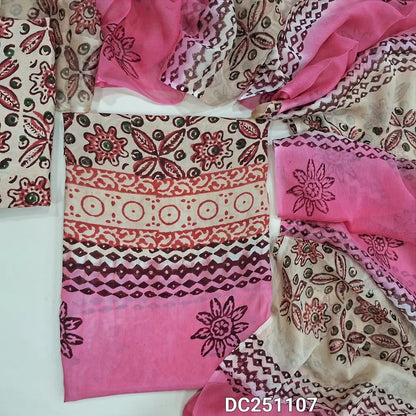 Beige & Pink crepe georgette unstitched salwar material (lining optional) hand block printed allover, blocked santoon bottom, hand block printed dual shade chiffon dupatta (TAPING NEEDED). DC251107 (over lapping of prints not consider as a defect