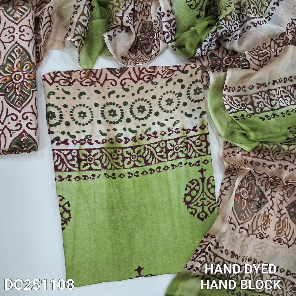 Beige & light Green crepe georgette unstitched salwar material (lining optional) hand block printed allover, blocked santoon bottom, hand block printed dual shade chiffon dupatta (TAPING NEEDED). DC251108 (over lapping of prints not consider as a defect)